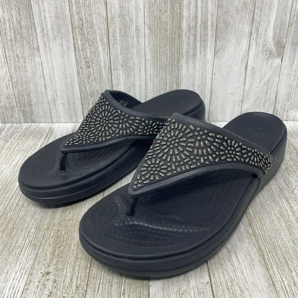 Crocs Sandals Womens 10  Flip Flops Wedge Dual Comfort Monterey Diamante Black - Picture 2 of 11